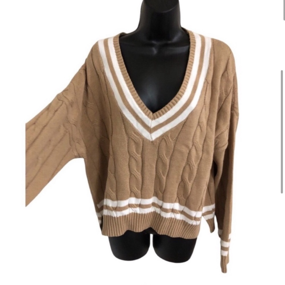 Jessica Simpson tan & white trim deep v-neck‎ cable knit preppy sweater size XS